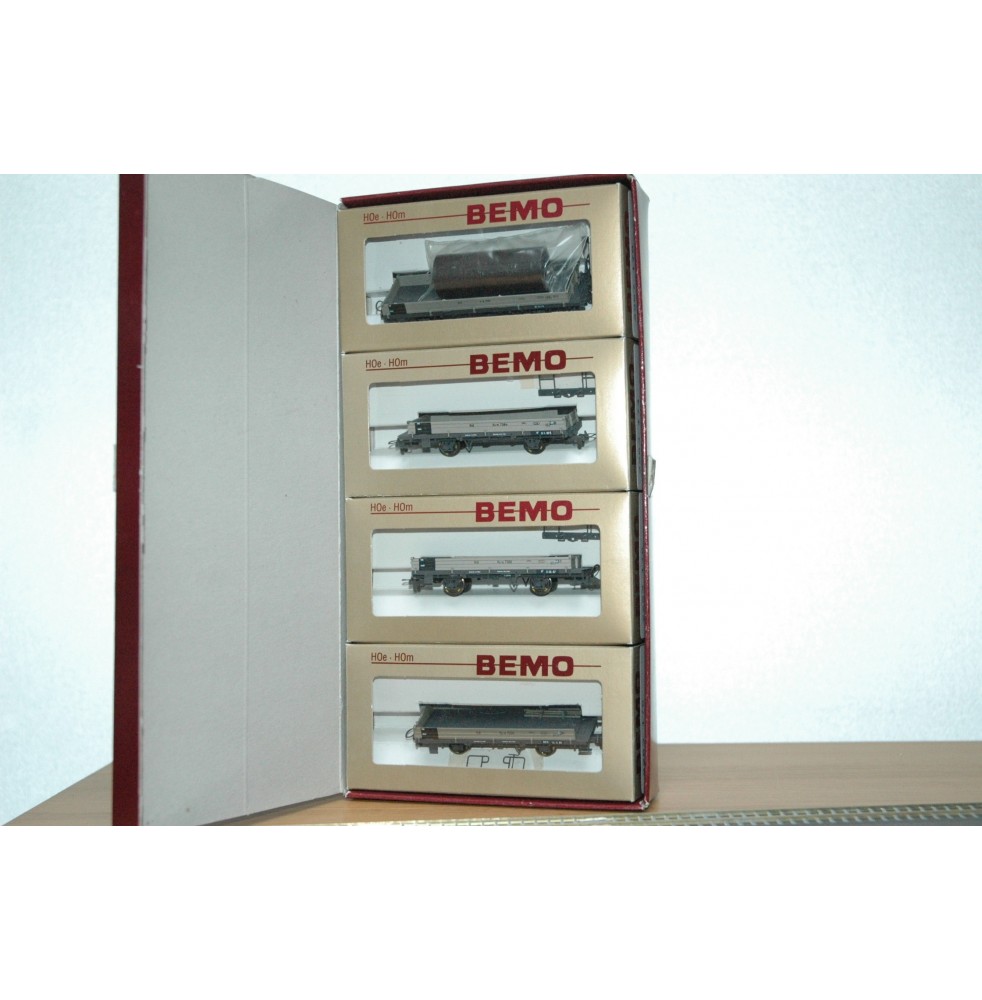 BEMO HOm  7463 100,  Coffret 4  wagons plats type Kk-w  RhB BO 