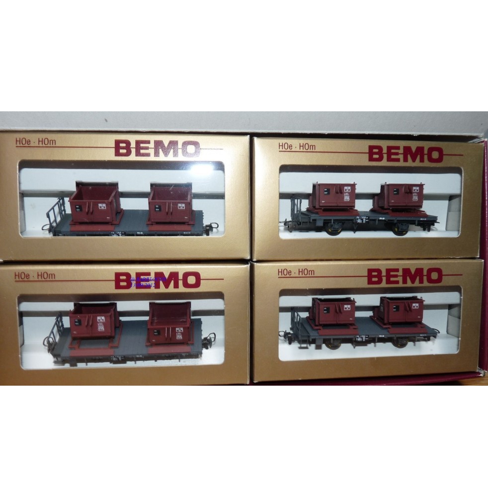 BEMO HOm  7458 100,  Coffret 4  wagons plats type Kk  avec conteneurs à gravier  RhB BO 
