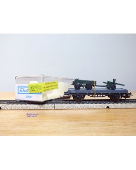 ELECTROTREN  1010, wagon plat chargé d' un MERCEDES UNIMOG et d'un canon    RENFE  BO