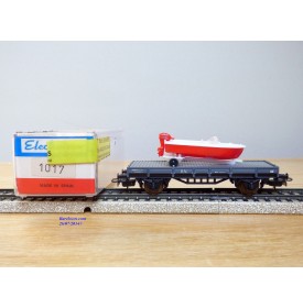 ELECTROTREN  1017, wagon plat chargé d' un canot hors bord sur remorque    RENFE  BO