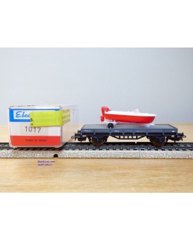 ELECTROTREN  1017, wagon plat chargé d' un canot hors bord sur remorque    RENFE  BO