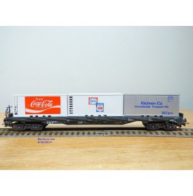 LILIPUT ( Wiking )  201 C 12, wagon plat à ranchers chargé de 3 conteneurs réfrigérants de 20'  ÖBB  neuf  BO