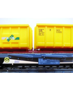 HAG 380 . 02 , wagon plat  à ranchers type Rs-x  chargé de bennes à roulettes    SBB  BO