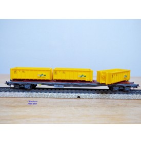 HAG 380 . 02 , wagon plat  à ranchers type Rs-x  chargé de bennes à roulettes    SBB  BO