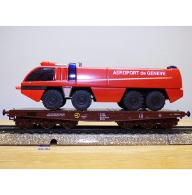 Märklin  Cursor  4849,  wagon plat  type Samm chargé d' un camion de pompiers Aéroport de Genève ÖBB   neuf    BO 