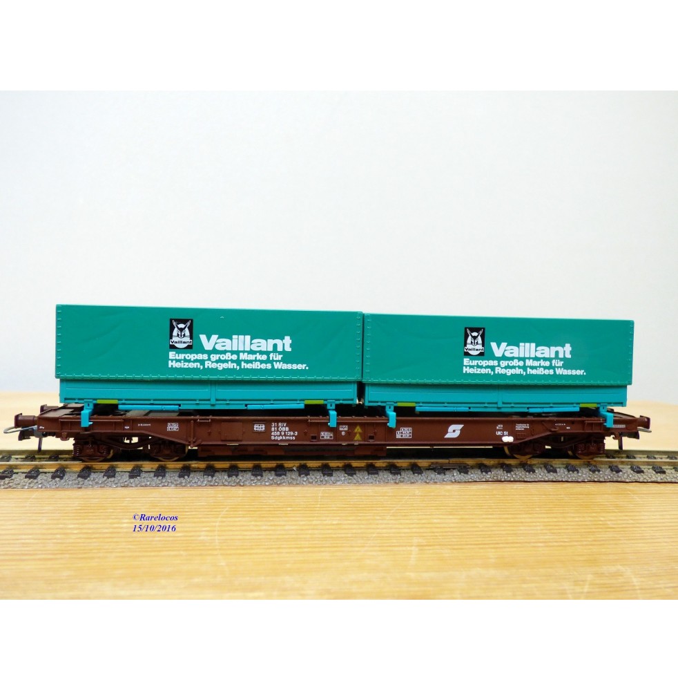 ROCO 46577, wagon poche type Sdgkkmss chargé de 2 conteneurs de 20' VAILLANT  ÖBB   Neuf   BO