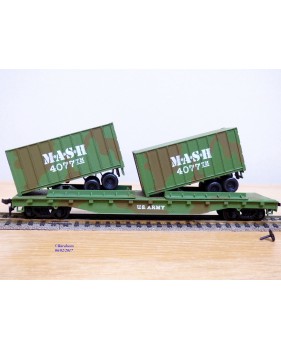 BACHMANN AH43-1039-D4, wagon plat ( flat car )  51'  et 2 semi remorques  US Army  M.A.S.H.  Neuf   BO