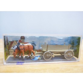PREISER  Exclusiv  469,   attelages 2 chevaux de trait, conducteur et charrette en bois  Neuf   BO