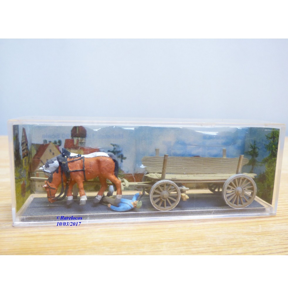 PREISER  Exclusiv  469,   attelages 2 chevaux de trait, conducteur et charrette en bois  Neuf   BO