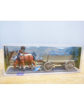 PREISER  Exclusiv  469,   attelages 2 chevaux de trait, conducteur et charrette en bois  Neuf   BO
