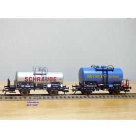 FLEISCHMANN  99 5410  K,   2  wagons citerne ancien  à plate forme de serre freins  RÖCHLING  et SCHRAUBE      DB    neuf    BO