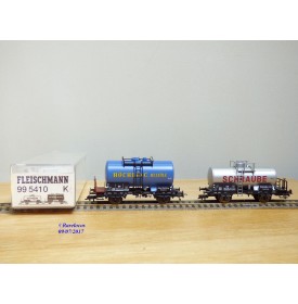 FLEISCHMANN  99 5410  K,   2  wagons citerne ancien  à plate forme de serre freins  RÖCHLING  et SCHRAUBE      DB    neuf    BO