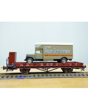 ROCO 47722,  wagon plat  à guérite chargé d' un camion Mercedes Anton Schlotmann ( WIKING )  Neuf   DR    BO