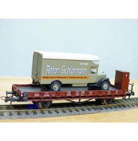 ROCO 47722,  wagon plat  à guérite chargé d' un camion Mercedes Anton Schlotmann ( WIKING )  Neuf   DR    BO