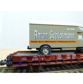 ROCO 47722,  wagon plat  à guérite chargé d' un camion Mercedes Anton Schlotmann ( WIKING )  Neuf   DR    BO