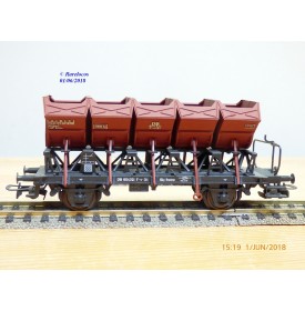 RIVAROSSI / TRIX ancien 2409,  wagon plat chargé de 4 conteneurs trémie type F-v 51   DB    BO