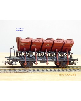 RIVAROSSI / TRIX ancien 2409,  wagon plat chargé de 4 conteneurs trémie type F-v 51   DB    BO