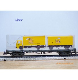 Märklin PostMuseum 1995 84668 / 95701 / 63-06, wagon plat à bogies type SSlmas 53 + camion MAN Deutsche Post  DB  neuf  BO. 