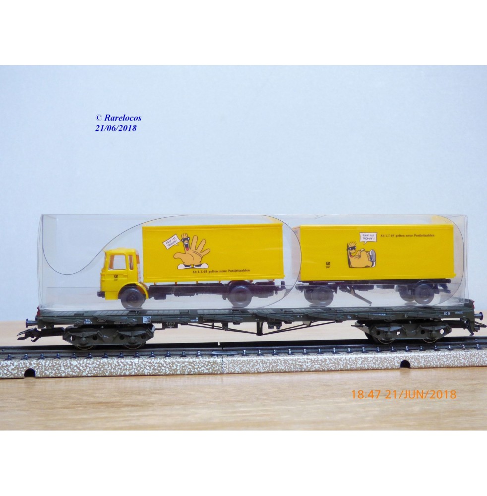 Märklin PostMuseum 1995 84668 / 95701 / 63-06, wagon plat à bogies type SSlmas 53 + camion MAN Deutsche Post  DB  neuf  BO. 