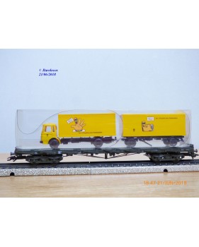 Märklin PostMuseum 1995 84668 / 95701 / 63-06, wagon plat à bogies type SSlmas 53 + camion MAN Deutsche Post  DB  neuf  BO. 