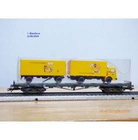 Märklin PostMuseum 1995 84668 / 95701 / 63-06, wagon plat à bogies type SSlmas 53 + camion MAN Deutsche Post  DB  neuf  BO. 