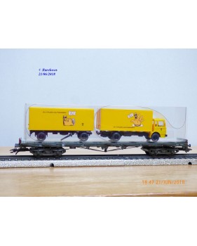 Märklin PostMuseum 1995 84668 / 95701 / 63-06, wagon plat à bogies type SSlmas 53 + camion MAN Deutsche Post  DB  neuf  BO. 