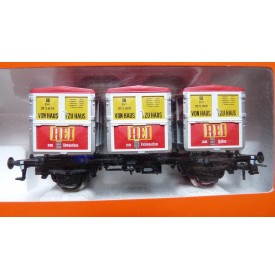 ROCO 46997, couplage de 2 wagons plats type Btmms 54 chargés de cadres REI " Von Haus zu Haus"  Neuf BO