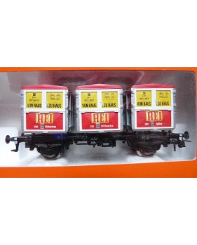 ROCO 46997, couplage de 2 wagons plats type Btmms 54 chargés de cadres REI " Von Haus zu Haus"  Neuf BO