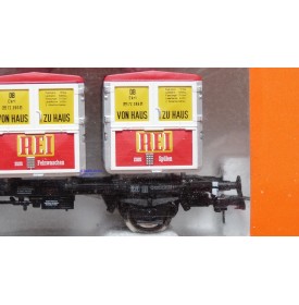 ROCO 46997, couplage de 2 wagons plats type Btmms 54 chargés de cadres REI " Von Haus zu Haus"  Neuf BO